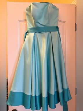 Mori Lee Strapless Aqua Satin Dress with Deeper Aqua Hem